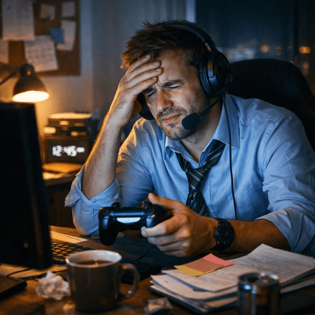 Man wearing headset and holding game controller looking stressed at desk with computer and paperwork
